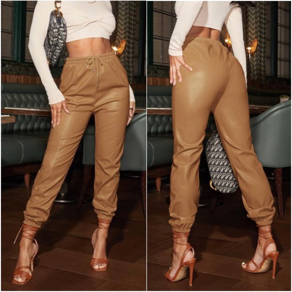 Camel Tan Vegan leather Jogger Lounge Pants Shabby Chic - Picture 2 of 7